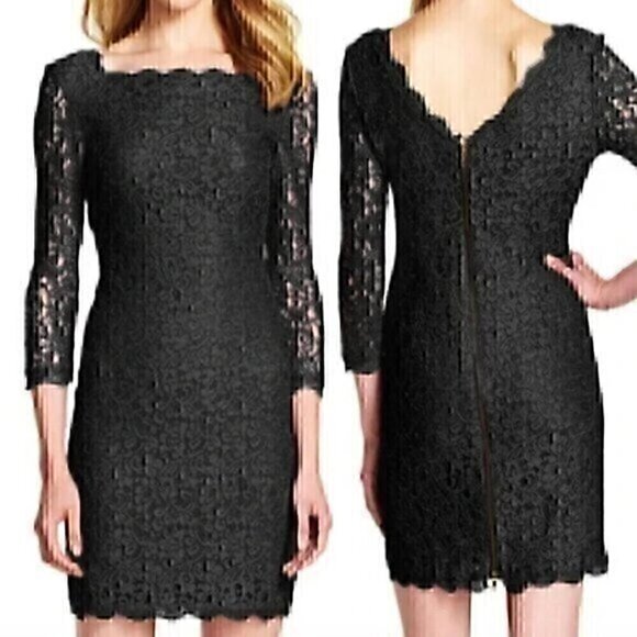ADRIANNA PAPELL Black Lace Square Neck / V V-Neck Back 3/4 Sleeve Sheath Dress 4 - Picture 1 of 12
